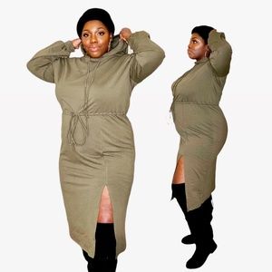 Hoodie Side Split Sweater Dress Olive